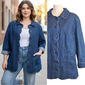 VTG Roamans Y2K Dark Wash Scalloped Denim Jacket SZ 20 Plus Cotton Jean Coat